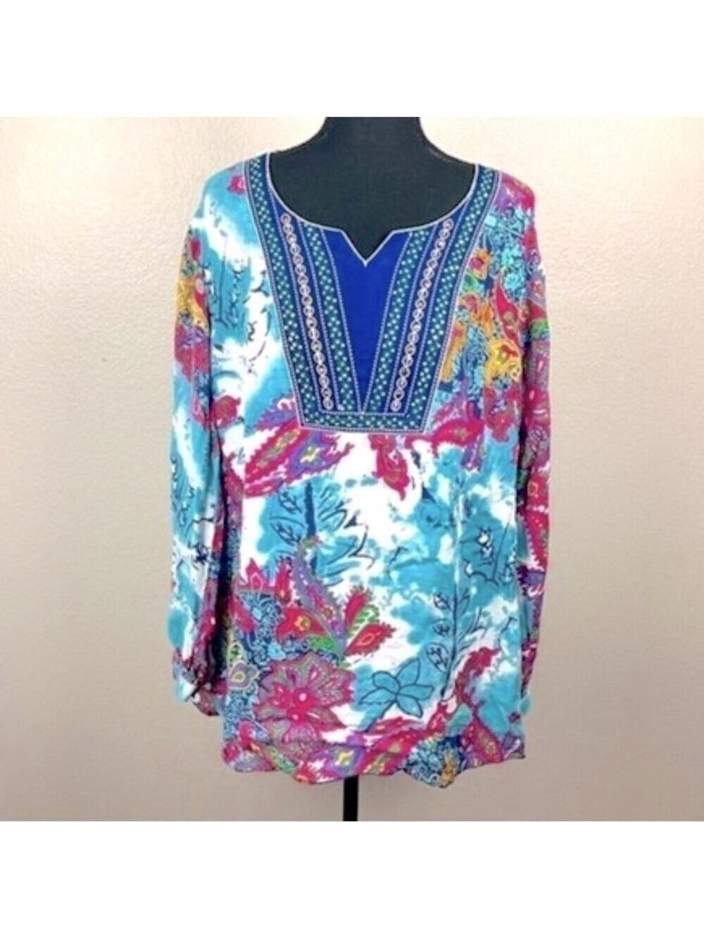 J. Peterman Kaftan Tunic Top Long Sleeve Embroidered Blue/Pink Round Neck Boho L